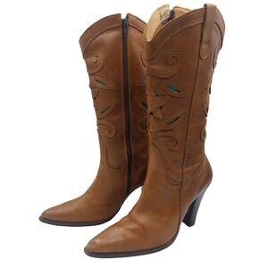 Cowboy Western Boots Women's 5 Floral‎ Cut Out Leather Brown Heeled Zip Up Party